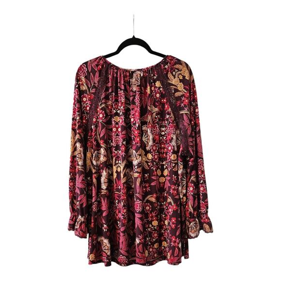 Susan Graver Top Womens 3X Purple Floral Long Sleeve Ruffle Keyhole Tie Neck - Picture 2 of 12